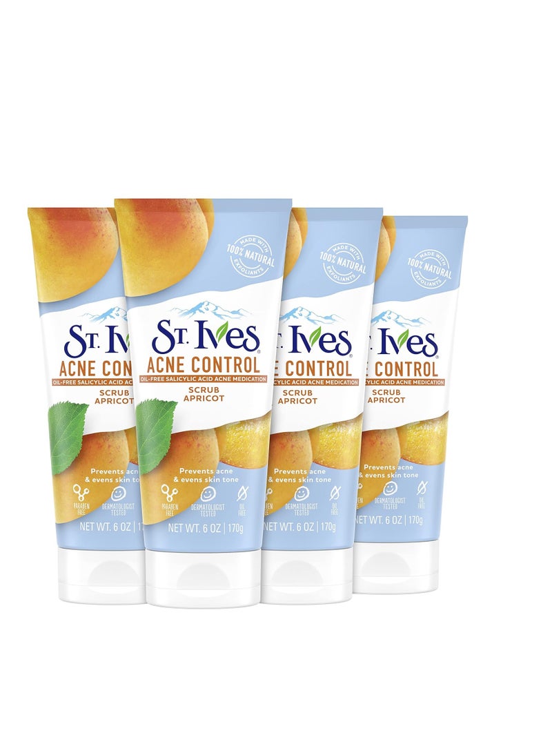 St. Ives Acne Control Apricot Face Scrub, Deep Exfoliator Skin Care, Prevents Acne for Radiant Skin, Salicylic Acid Acne Treatment Facial Scrub, Made with 100% Natural Exfoliants, 6 oz, 4 Pack