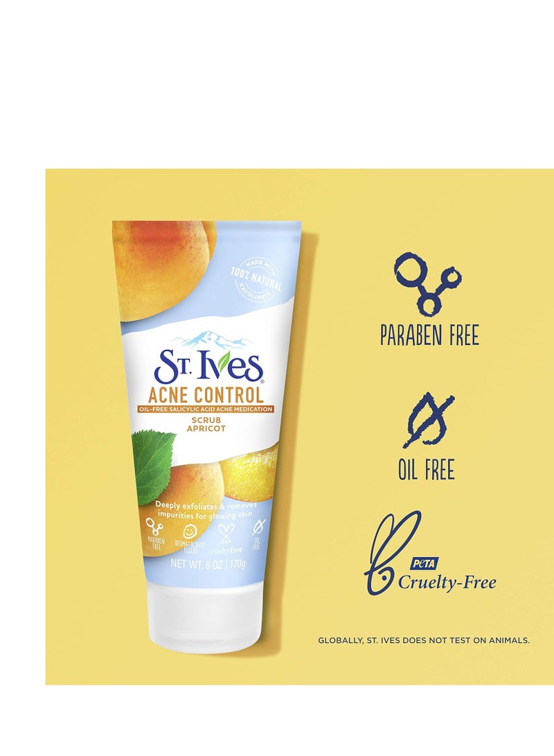 St. Ives Acne Control Apricot Face Scrub, Deep Exfoliator Skin Care, Prevents Acne for Radiant Skin, Salicylic Acid Acne Treatment Facial Scrub, Made with 100% Natural Exfoliants, 6 oz, 4 Pack