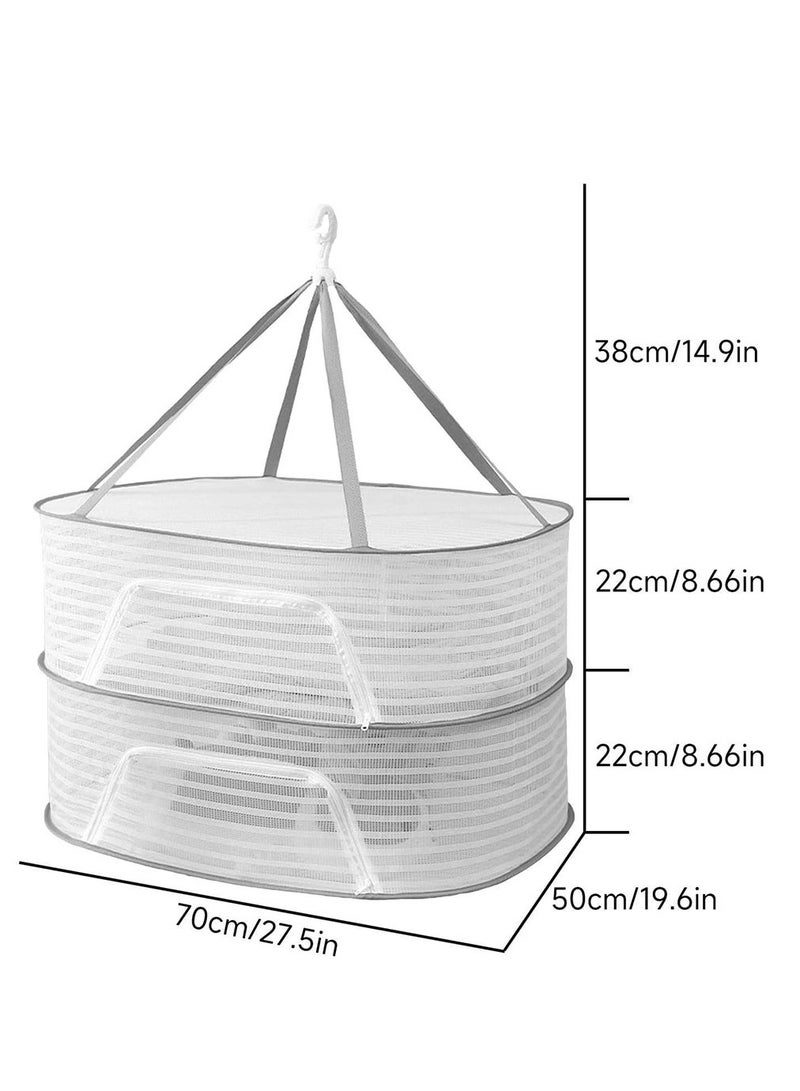 Herb Drying Rack 2-Layer 2-Feet Hanging Mesh Net Dryer Collapsible with S-Shape Zippers Pothook Carabiner and Storage Pouch for Hydroponics Flowers Buds Fruits Seafoods Clothes