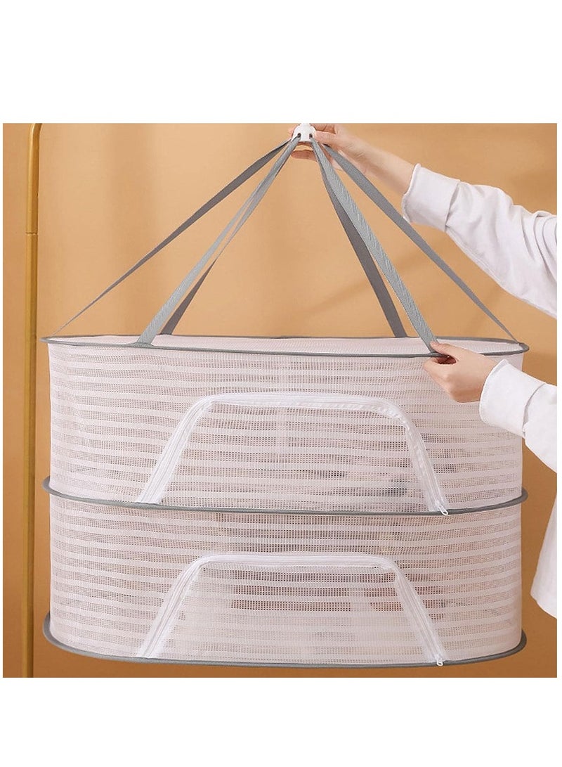Herb Drying Rack 2-Layer 2-Feet Hanging Mesh Net Dryer Collapsible with S-Shape Zippers Pothook Carabiner and Storage Pouch for Hydroponics Flowers Buds Fruits Seafoods Clothes