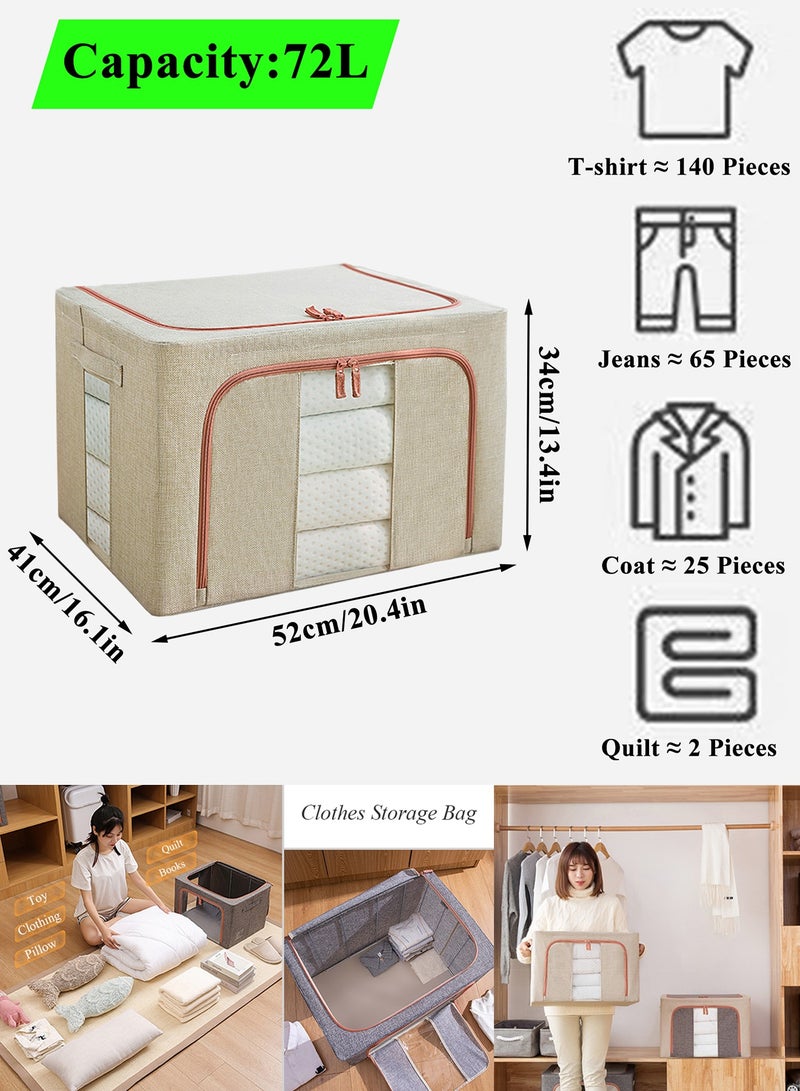 Qiccijoo 3Pack Clothes Storage Bag Foldable Closet Organizers Storage Containers,Large Storage Bins for Comforters, Blankets, Bedding,Toys, Books, Foldable with Sturdy Zipper,Clear Window, 72L-Beige