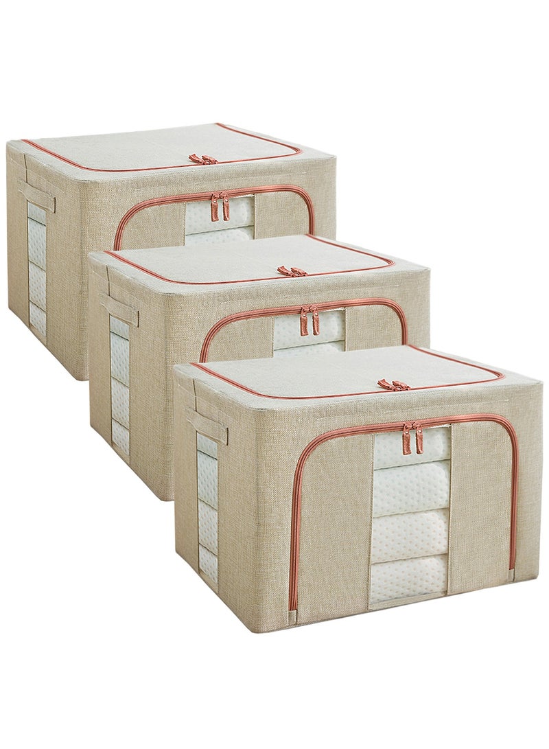 Qiccijoo 3Pack Clothes Storage Bag Foldable Closet Organizers Storage Containers,Large Storage Bins for Comforters, Blankets, Bedding,Toys, Books, Foldable with Sturdy Zipper,Clear Window, 72L-Beige