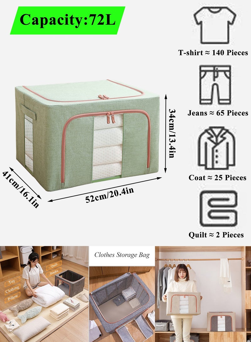 Qiccijoo 3Pack Clothes Storage Bag Foldable Closet Organizers Storage Containers,Large Storage Bins for Comforters, Blankets, Bedding,Toys, Books, Foldable with Sturdy Zipper,Clear Window, 72L-Green