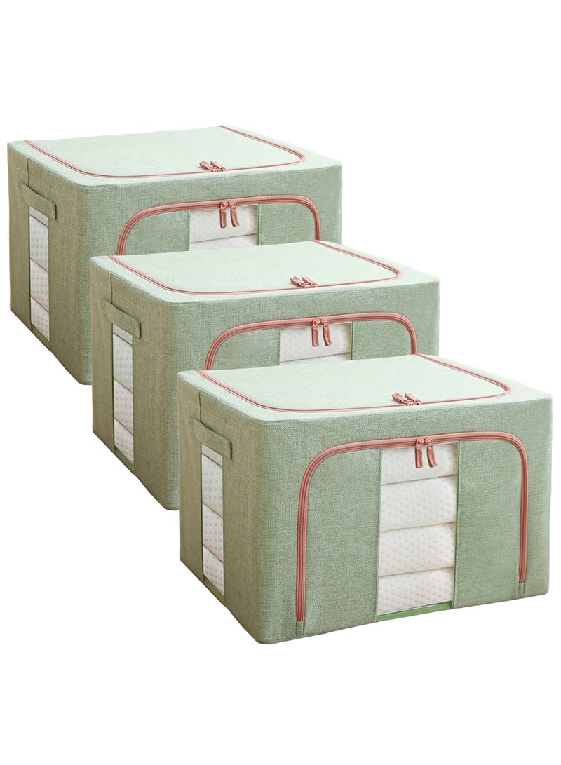 Qiccijoo 3Pack Clothes Storage Bag Foldable Closet Organizers Storage Containers,Large Storage Bins for Comforters, Blankets, Bedding,Toys, Books, Foldable with Sturdy Zipper,Clear Window, 72L-Green