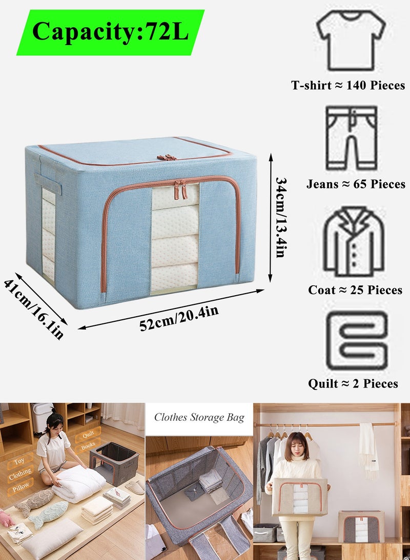 Qiccijoo 3Pack Clothes Storage Bag Foldable Closet Organizers Storage Containers,Large Storage Bins for Comforters, Blankets, Bedding,Toys, Books, Foldable with Sturdy Zipper,Clear Window, 72L-Blue