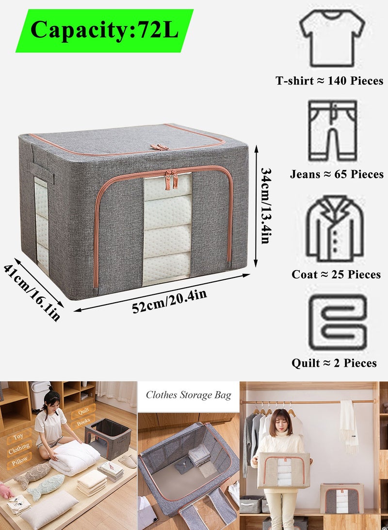 Qiccijoo 3Pack Clothes Storage Bag Foldable Closet Organizers Storage Containers,Large Storage Bins for Comforters, Blankets, Bedding,Toys, Books, Foldable with Sturdy Zipper,Clear Window, 72L-Grey