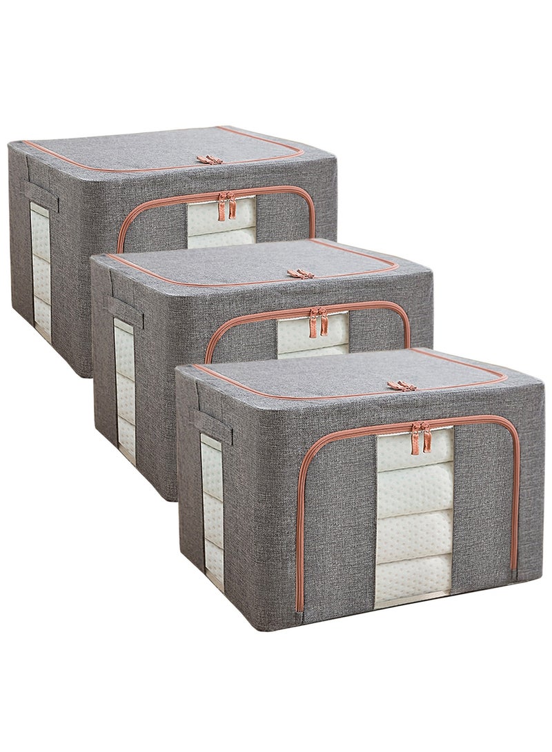 Qiccijoo 3Pack Clothes Storage Bag Foldable Closet Organizers Storage Containers,Large Storage Bins for Comforters, Blankets, Bedding,Toys, Books, Foldable with Sturdy Zipper,Clear Window, 72L-Grey