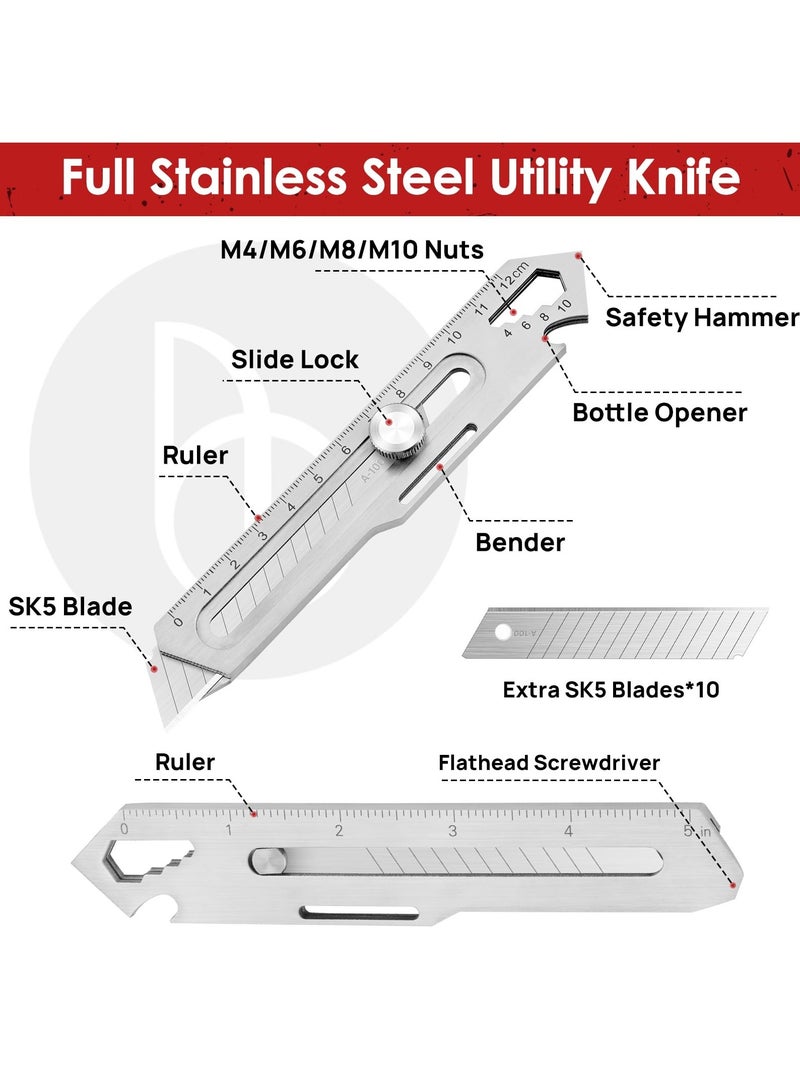 SYOSI 2 Pcs Utility Knife, Stainless Steel Retractable Box Cutter, Multifunctional Utility Knife with 10 Pcs Replaceable Blades for Office, Home, School