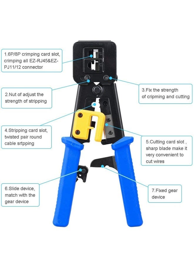 Petechtool Rj45 Professional Crimp Tool Pass Through Cat5 Cat5E Cat6 Heavy Duty Crimping Tool Blue For Rj45 Rj12 Regular And End-Pass-Through Connectors With 20Pieces Rj45 Cat6 Connectors And 5 Free B