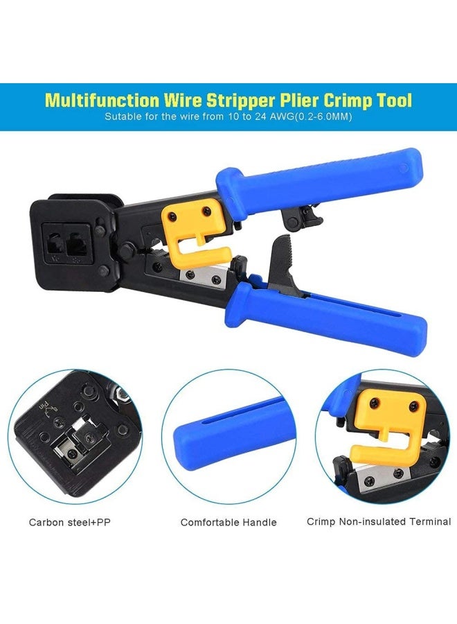 Petechtool Rj45 Professional Crimp Tool Pass Through Cat5 Cat5E Cat6 Heavy Duty Crimping Tool Blue For Rj45 Rj12 Regular And End-Pass-Through Connectors With 20Pieces Rj45 Cat6 Connectors And 5 Free B