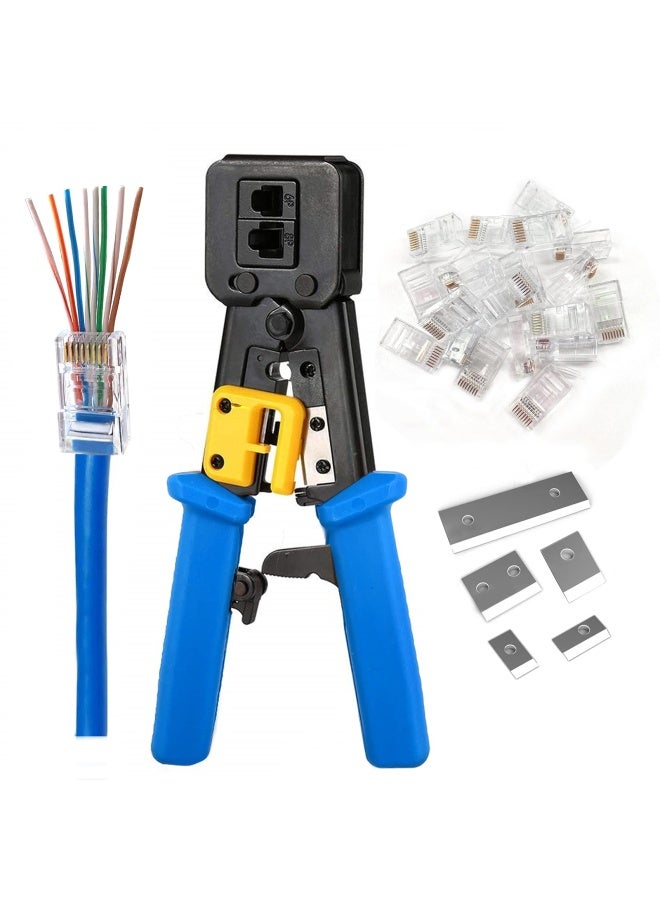 Petechtool Rj45 Professional Crimp Tool Pass Through Cat5 Cat5E Cat6 Heavy Duty Crimping Tool Blue For Rj45 Rj12 Regular And End-Pass-Through Connectors With 20Pieces Rj45 Cat6 Connectors And 5 Free B