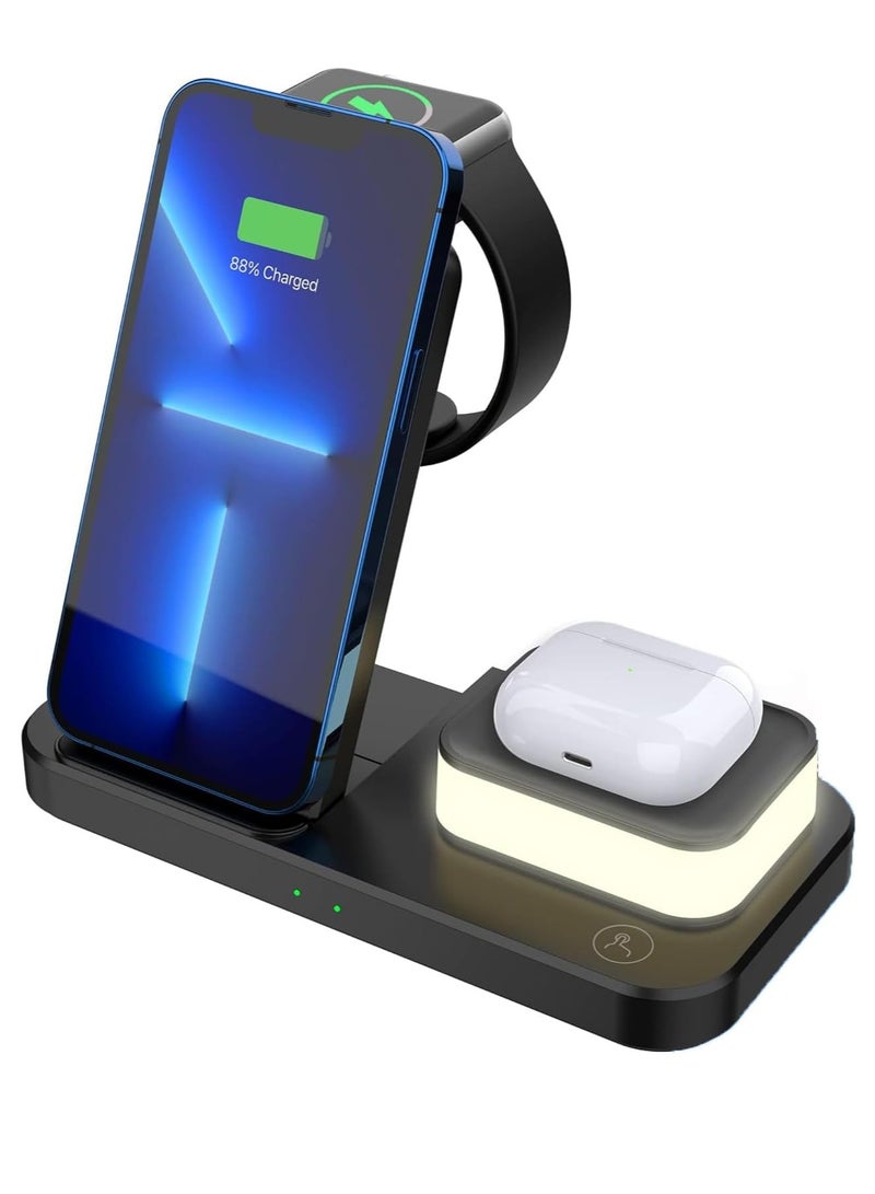 Wireless Charger for iPhone 15/14/13/Pro/Mini/Max/12/11/XS/XR/X/8/Samsung, 3 in 1 Charging Station Dock Stand with Night Light for Apple iwatch 8/Ultra/7/SE/6/5/4/3/2, For AirPods 3/2/Pro Black