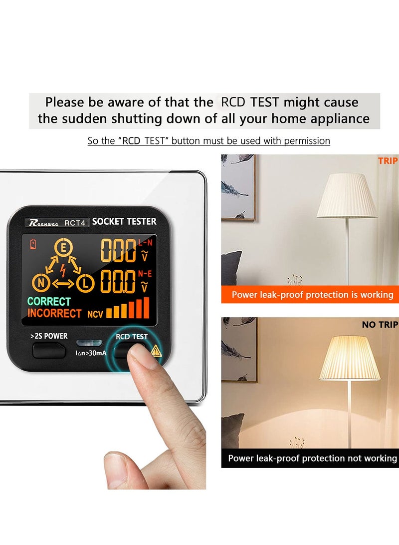 LCD Voltage Display Outlet Tester, RCD Socket Circuit Analyzer, 0.1-250V with 8 Visual Indicators, Polarity and Leakage Detection, Electricity Line Fault Checker