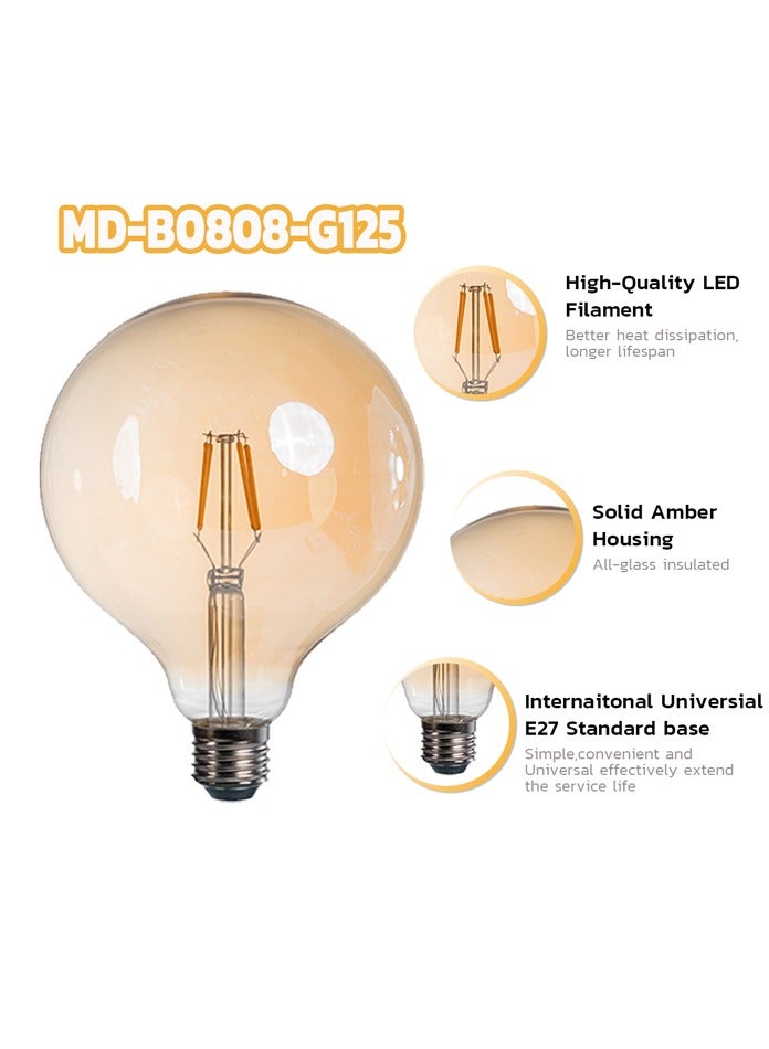 10 Pcs G125 LED Filament Bulb, 8W, E27,Warm White