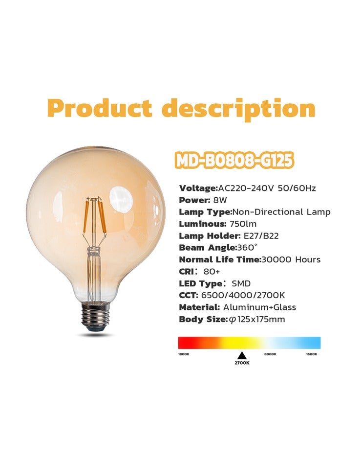 10 Pcs G125 LED Filament Bulb, 8W, E27,Warm White