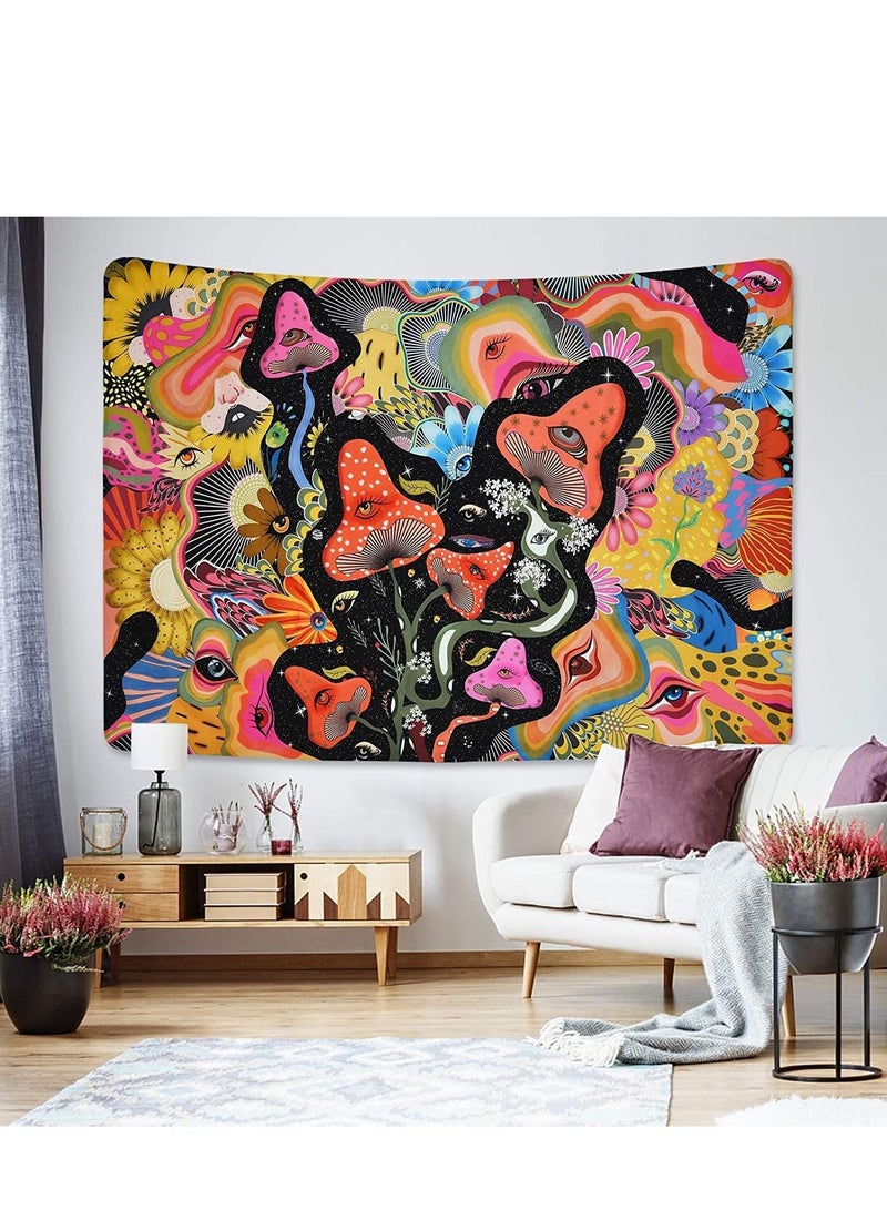 Tapestry Magical World Wall Hanging Hippie Art Decoration for Bedroom Living Room Eyes Tapestries Stars Colorful Flowers (51.2 x 59.1 inches)