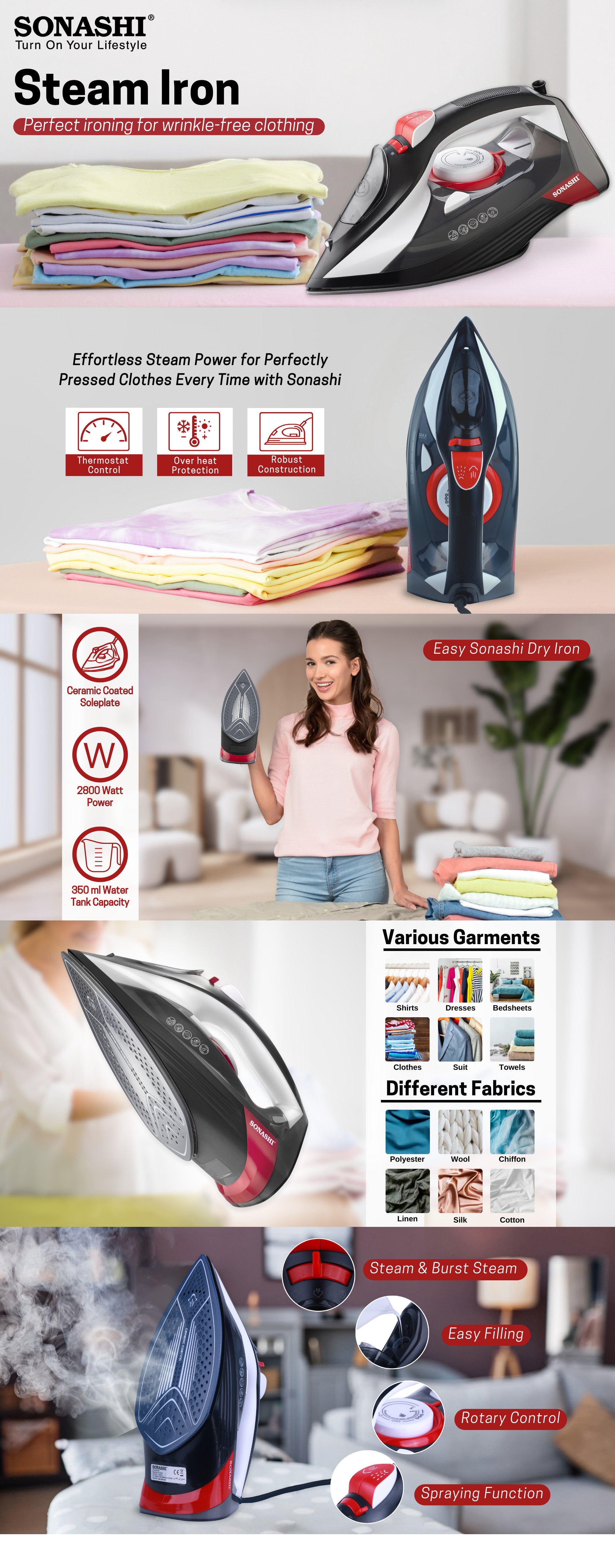 Steam Iron with Ceramic Coated Soleplate | Steam/Burst Steam/Spray/Dry Iron with Self-Clean Function | Anti-Drip/Anti-Calc/Auto Shut-Off With Water Tank 350 ml 2800 W SI-5085C Black/Red