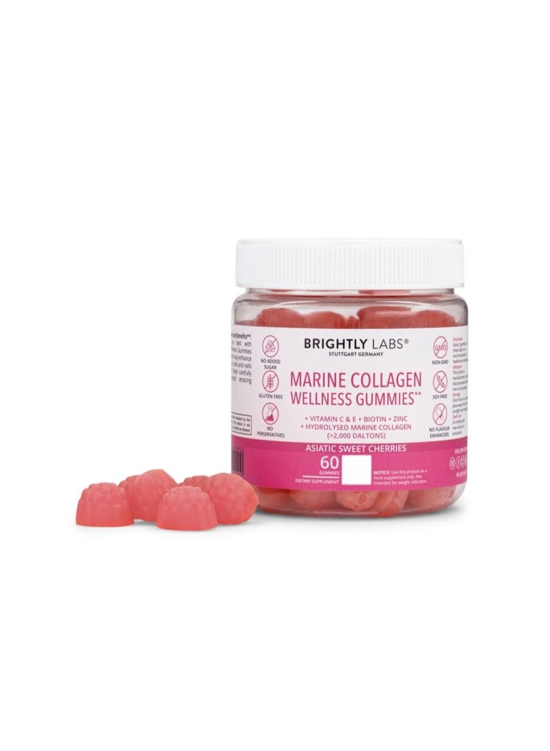 Indulge in Sweet Cherry Marine Collagen Wellness Gummies: Sugar-Free, Non-GMO, Soy-Free. Packed with Hydrolyzed Marine Collagen, Vitamin C & E, Biotin, Zinc - 60 Gummies.