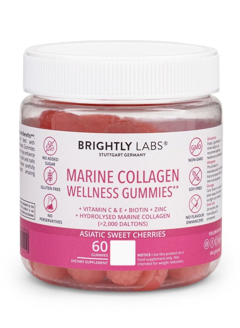 Indulge in Sweet Cherry Marine Collagen Wellness Gummies: Sugar-Free, Non-GMO, Soy-Free. Packed with Hydrolyzed Marine Collagen, Vitamin C & E, Biotin, Zinc - 60 Gummies.