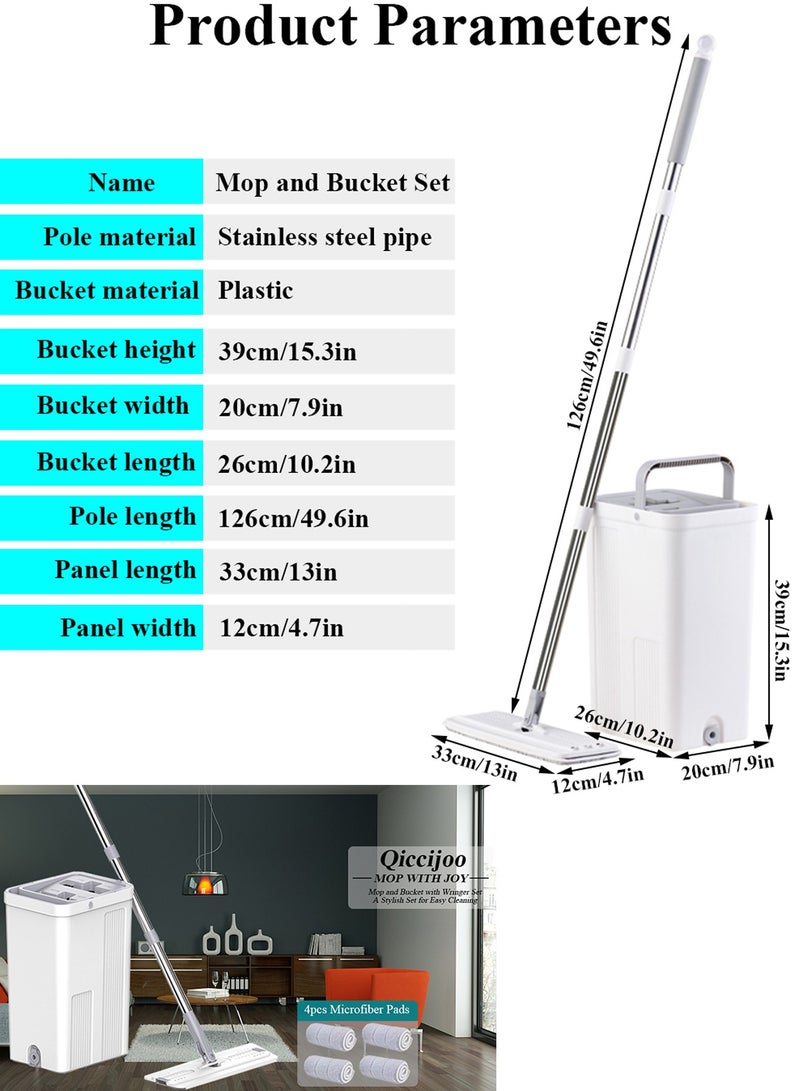 Qiccijoo Mop and Bucket with Wringer Set,Hands Free Flat Floor Mop and Bucket Set for Home Floor Cleaning,Stainless-Steel Handle 4 Washable & Reusable Microfiber Pads for Hardwood Laminate Floors,Tile