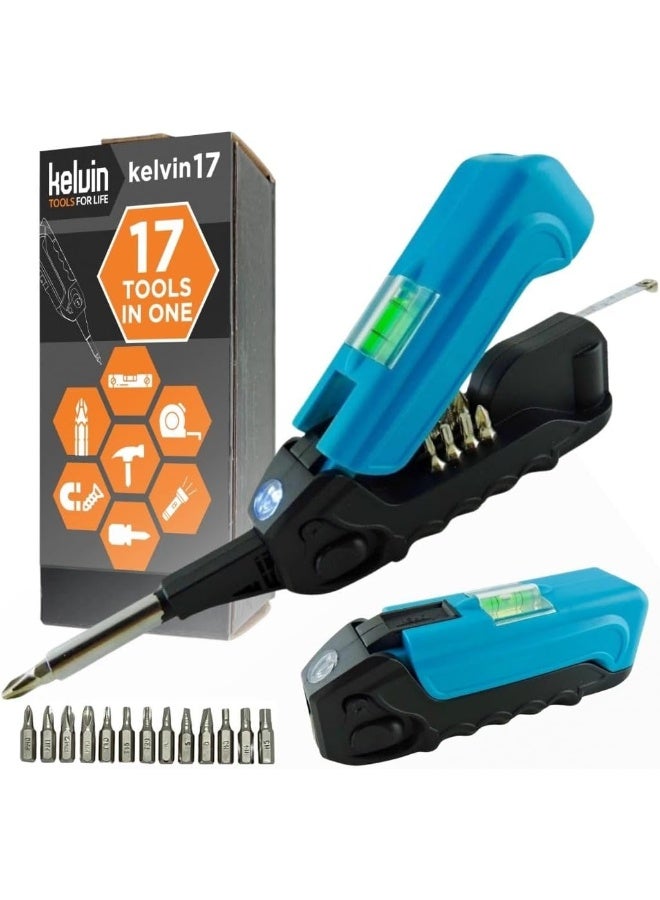 Tools  17 | The Palm-Sized Everyday Multi-Tool Set | 17 Integrated Tools: 13 Bit Screwdriver Set, Tape Measure, Liquid Level, Hammer, And Flashlight (Black/Blue)