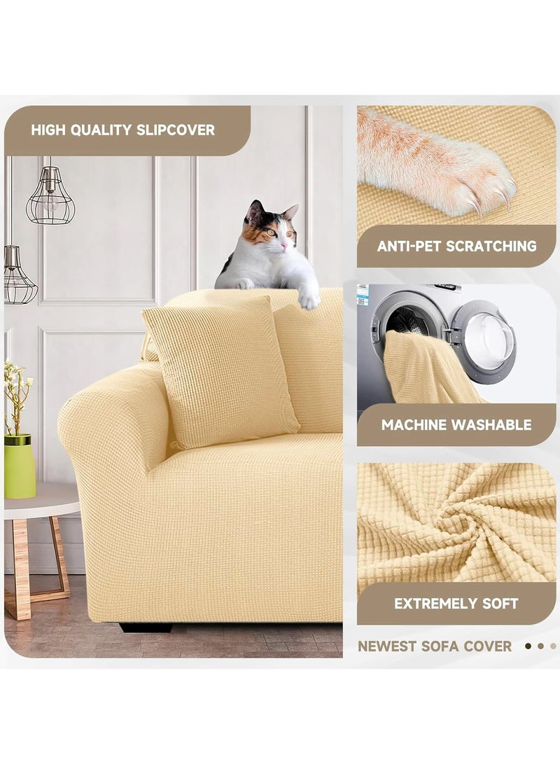 Stretch Fit 3-Seater Sofa Cover Soft Brushed Fabric Couch Cover Exquisitely Full Coverage Furniture Protector Slipcover Three Seater Fits on Standard and Recliner Sofa 185-235cm Size Cream