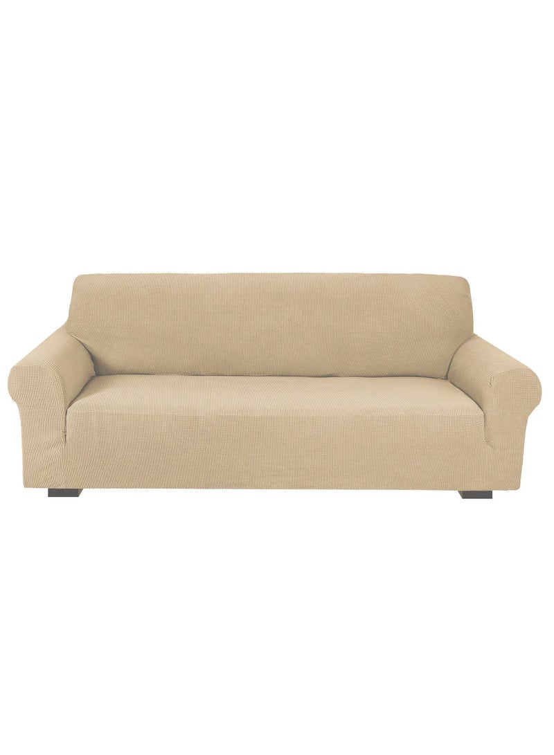 Stretch Fit 3-Seater Sofa Cover Soft Brushed Fabric Couch Cover Exquisitely Full Coverage Furniture Protector Slipcover Three Seater Fits on Standard and Recliner Sofa 185-235cm Size Cream