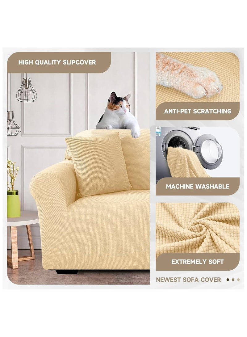 High Stretch 2-Seater Sofa Cover Soft Brushed Fabric Couch Cover Exquisitely Full Coverage Furniture Protector Slipcover Two Seater Fits on Standard and Recliner Sofa 145-178cm Size Cream