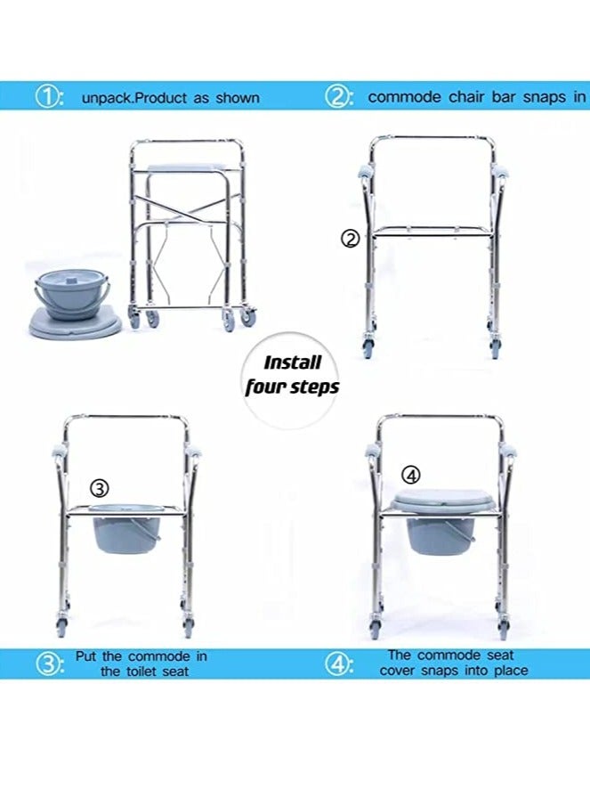 Mobile Bedside Commode 4 in 1 Folding Shower Chair with Wheels   Height Adjustable Adult Wide Rolling Shower Wheelchair for Elderly and Disabled Bath Chair for Seniors