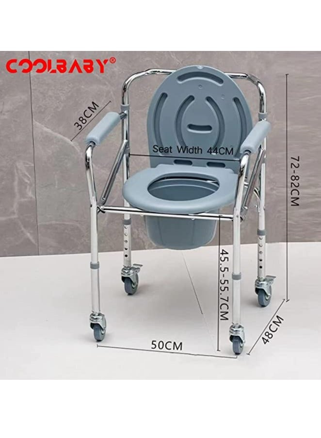 Mobile Bedside Commode 4 in 1 Folding Shower Chair with Wheels   Height Adjustable Adult Wide Rolling Shower Wheelchair for Elderly and Disabled Bath Chair for Seniors