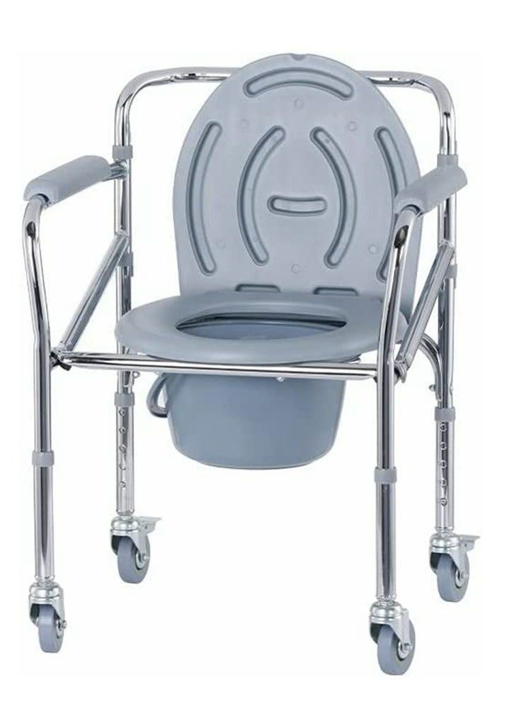 Mobile Bedside Commode 4 in 1 Folding Shower Chair with Wheels   Height Adjustable Adult Wide Rolling Shower Wheelchair for Elderly and Disabled Bath Chair for Seniors