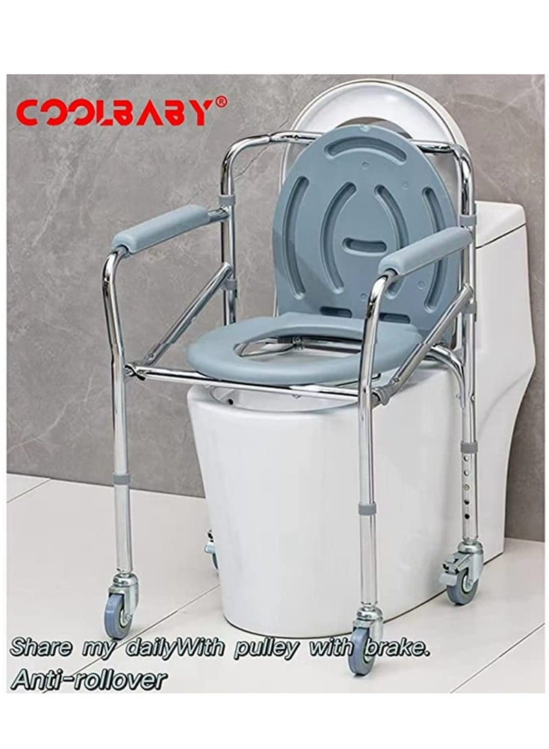 Mobile Bedside Commode 4 in 1 Folding Shower Chair with Wheels   Height Adjustable Adult Wide Rolling Shower Wheelchair for Elderly and Disabled Bath Chair for Seniors