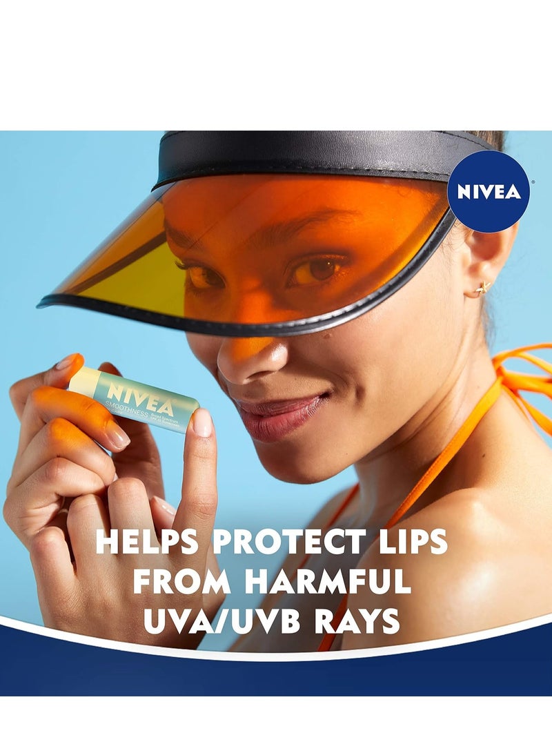 NIVEA Smoothness Lip Care, Lip Balm SPF 15, Mineral Oil Free Lip Moisturizer with Shea Butter, Jojoba Oil and Avocado Oil, 0.17 Oz, Pack of 4