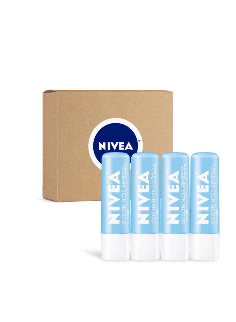 NIVEA Smoothness Lip Care, Lip Balm SPF 15, Mineral Oil Free Lip Moisturizer with Shea Butter, Jojoba Oil and Avocado Oil, 0.17 Oz, Pack of 4