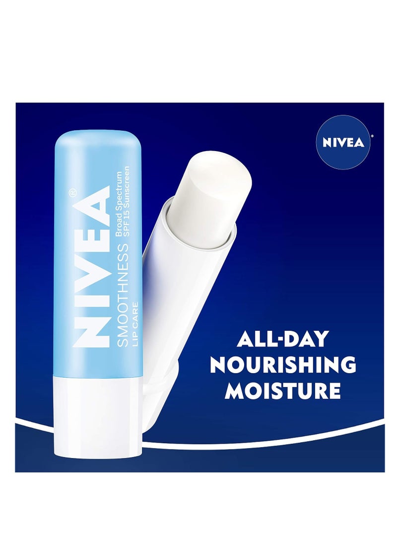 NIVEA Smoothness Lip Care, Lip Balm SPF 15, Mineral Oil Free Lip Moisturizer with Shea Butter, Jojoba Oil and Avocado Oil, 0.17 Oz, Pack of 4