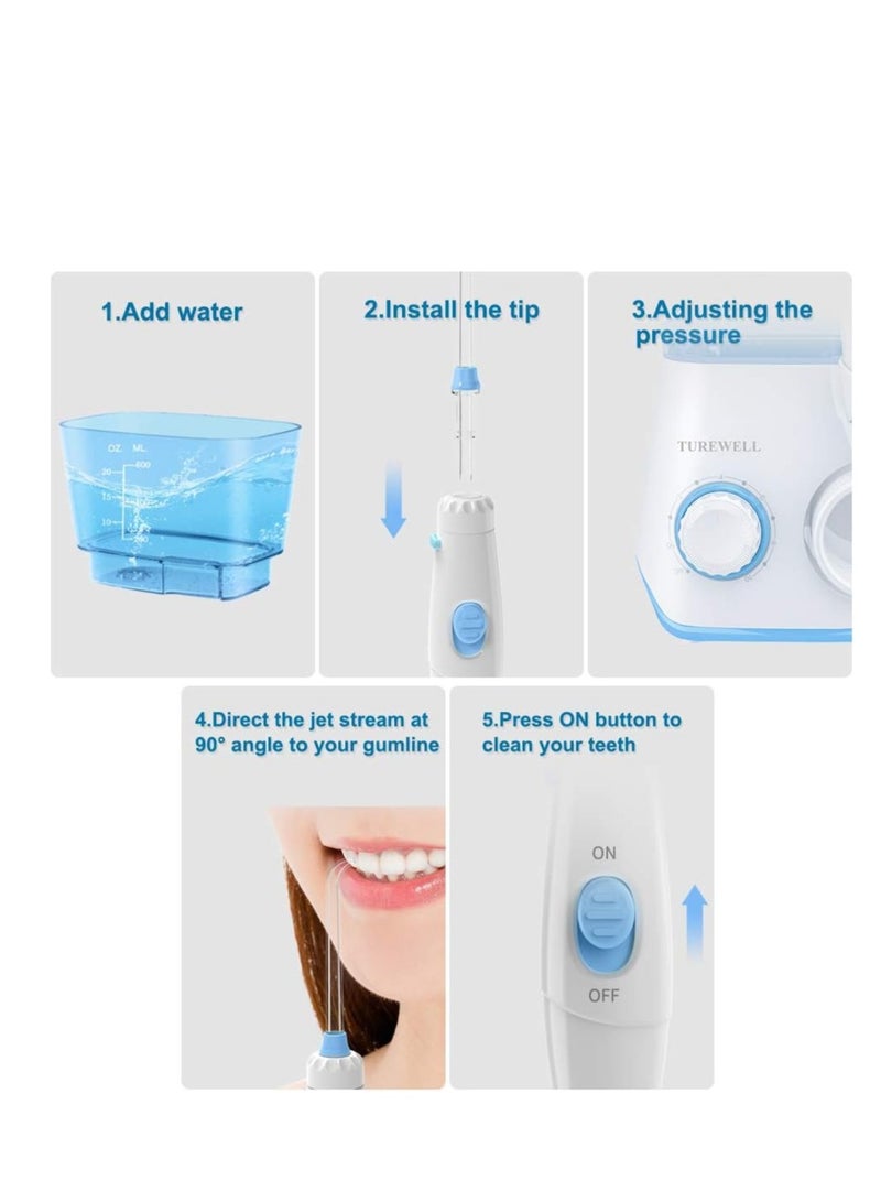 TUREWELL Water Flossing Oral Irrigator, 600ML Dental Cleaner 10 Adjustable Pressure, Electric Oral Flosser for Teeth/Braces, 8 Water Jet Tips for Family (White)