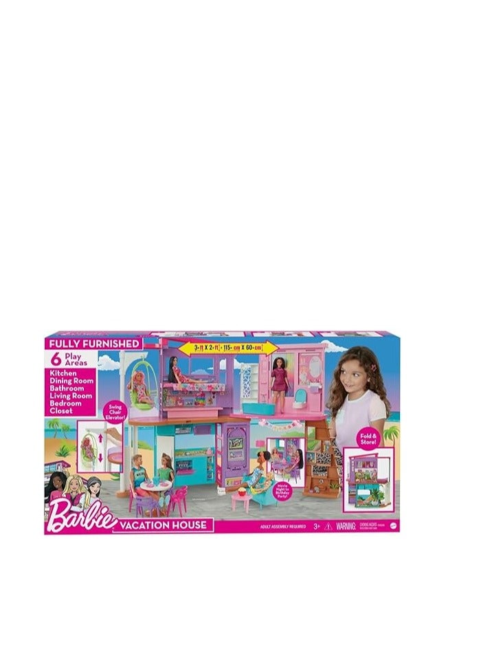 Barbie Vacation House (42 in) Dollhouse Playset with 2 Levels, 6 Rooms, Elevator Swing & 30+ Pieces, Toy for 3 Year Olds & Up