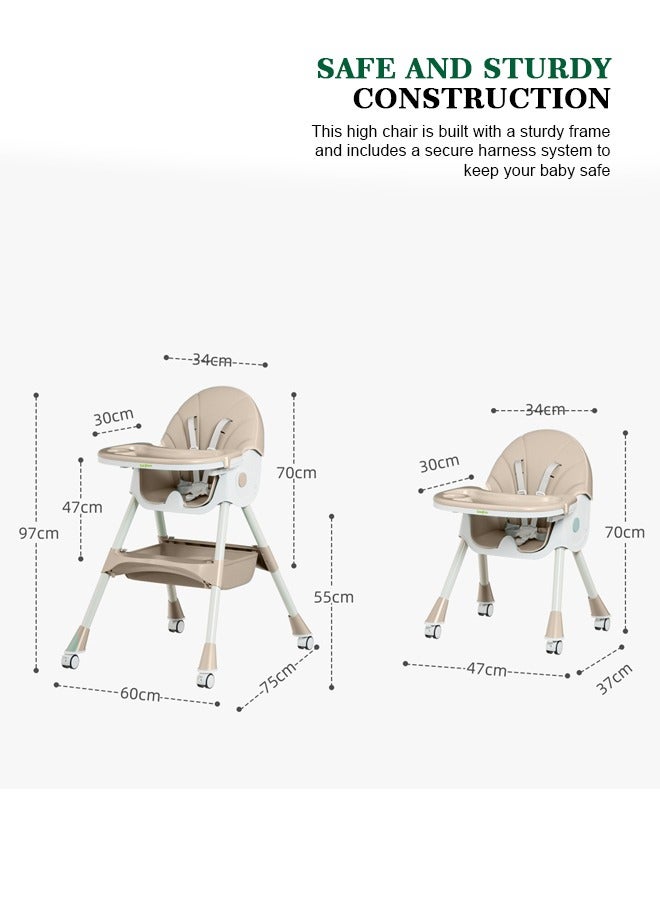 IRIS 3 in 1 Baby High Chair For Kids, Baby Feeding Chair Booster Seat With Rocker, Wheels, Storage, Recline - Beige