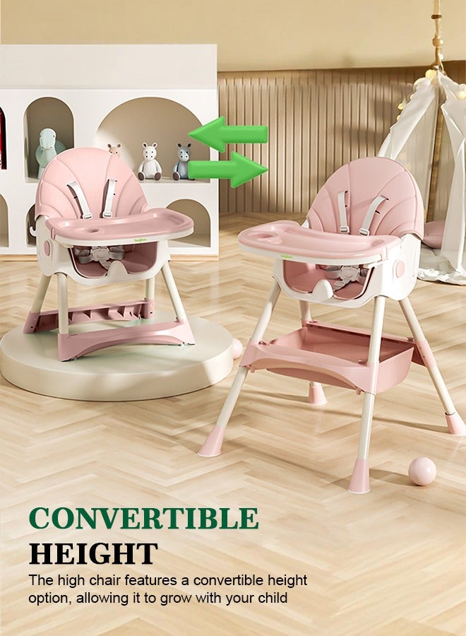 IRIS 3 in 1 Baby High Chair For Kids, Baby Feeding Chair Booster Seat With Rocker, Wheels, Storage, Recline - Pink