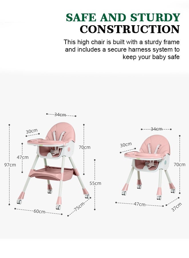 IRIS 3 in 1 Baby High Chair For Kids, Baby Feeding Chair Booster Seat With Rocker, Wheels, Storage, Recline - Pink