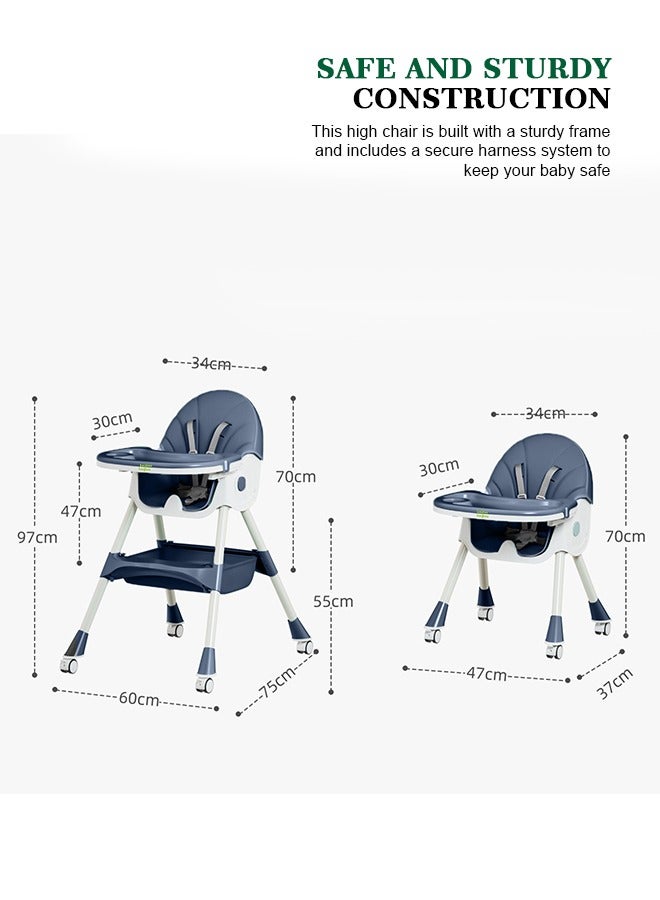 IRIS 3 in 1 Baby High Chair For Kids, Baby Feeding Chair Booster Seat With Rocker, Wheels, Storage, Recline - Blue