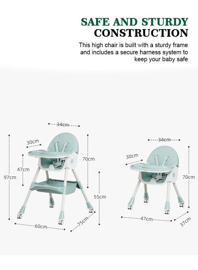 IRIS 3 in 1 Baby High Chair for Kids,  Baby Feeding Chair Booster Seat with Rocker, Wheels, Storage, Recline, Tray & Footrest, Foldable High Chair for Baby Toddlers 6 months to 4 Years Green