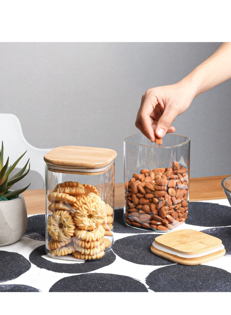 Airtight Glass Storage Jar with Wooden Lid 800ml Transparent Food Storage Jar Suitable for Noodles Flour Cereals Rice Sugar Tea Coffee Beans Square Set of 4