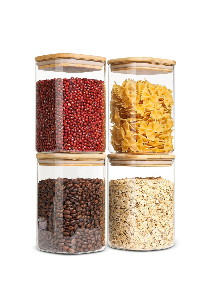 Airtight Glass Storage Jar with Wooden Lid 800ml Transparent Food Storage Jar Suitable for Noodles Flour Cereals Rice Sugar Tea Coffee Beans Square Set of 4