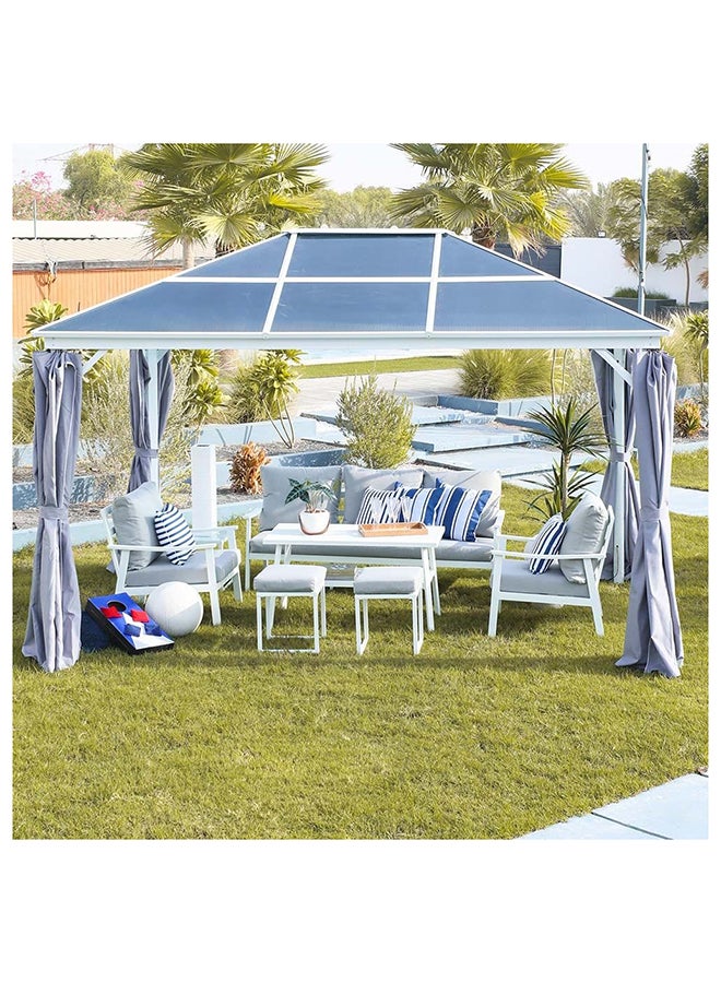 Veora Gazebo Steel Frame With Polycarbonate Roof Rectangle Shape With Curtain Water And UV Resistant Garden Patio Canopy Modern Outdoor Furniture 3x4m White