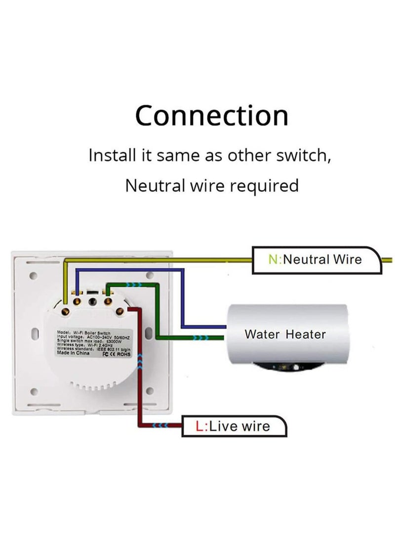 Smart Water Heater Switch, WiFi Boiler Switch, Touch  Wireless Timer Remote Control Water Heater Switches, Compatible with Alexa Echo and Google Home, Fit for Baking Machine, Coffee Maker