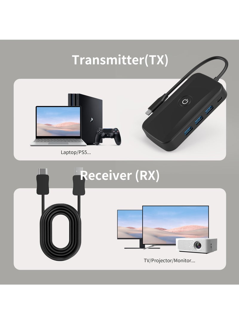 USB C Wireless HDMI Transmitter and Receiver, 50m 5G Wireless HDMI Extender Kit with 3 USB 3.0 Ports, PD 100W, USB C to HDMI Adapter for Streaming Video/Audio to HDTV, Monitor, Type C Phone/Laptop