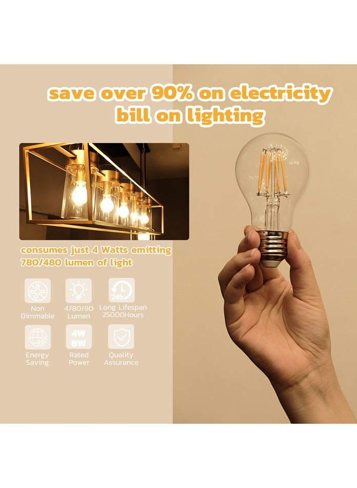 A60 LED Filament Vintage Golf Ball Bulbs, 8W, E27 Base, 750 Lumens, Amber 2700K Warm White, 10-Pcs Value Pack