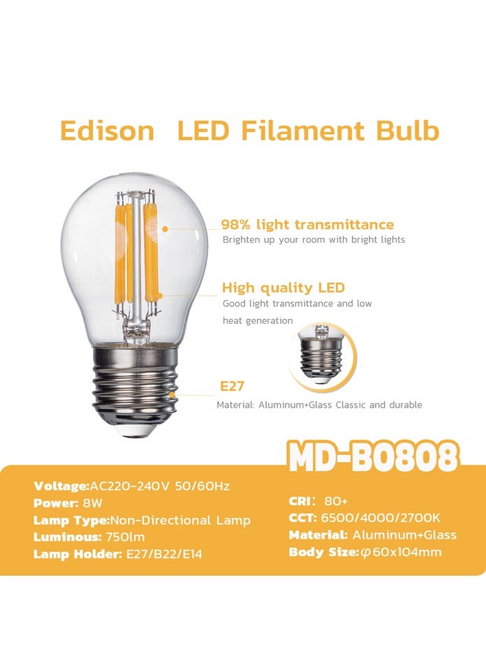 A60 LED Filament Vintage Golf Ball Bulbs, 8W, E27 Base, 750 Lumens, Amber 2700K Warm White, 10-Pcs Value Pack