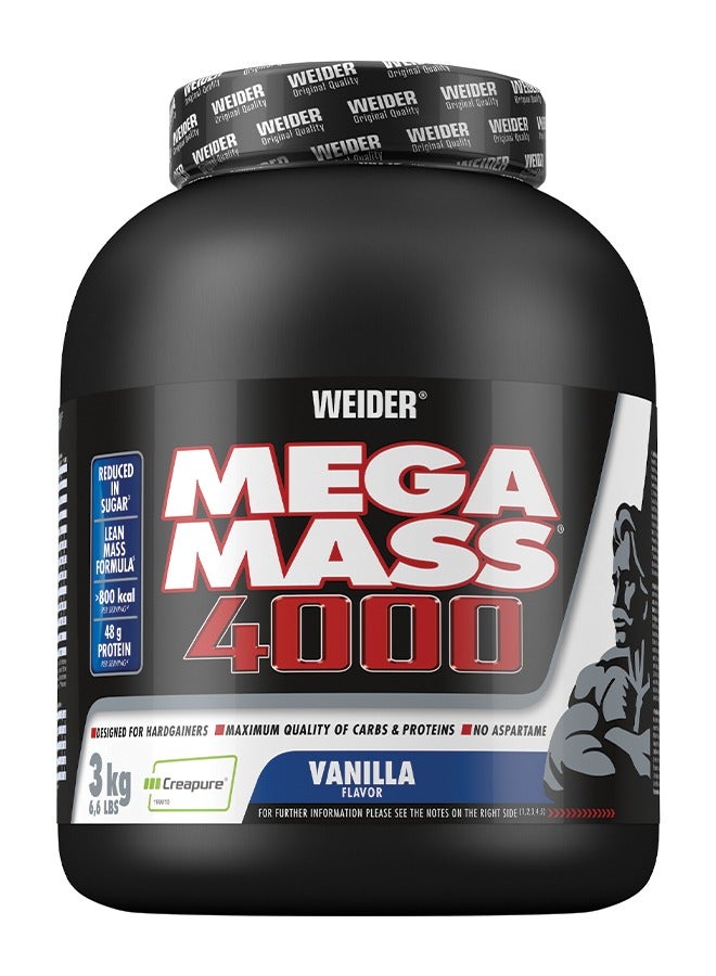 Mega Mass 4000 Weight Gainer Shake with Protein, Creapure Creatine Monohydrate, Complex Carbohydrates, Vitamins and Minerals - Muscle Building Shake, 3 kg (Vanilla)